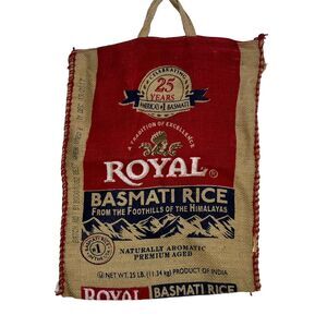 Empty Rare 25 Lb Royal Basmati Rice Burlap Bag with Zipper and Handles Bag only